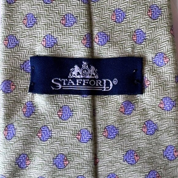 STAFFORD Silk Tie Designer Geometric FISH Blue Green 58-62 x 3.75 Lot of 3 - Picture 10 of 12